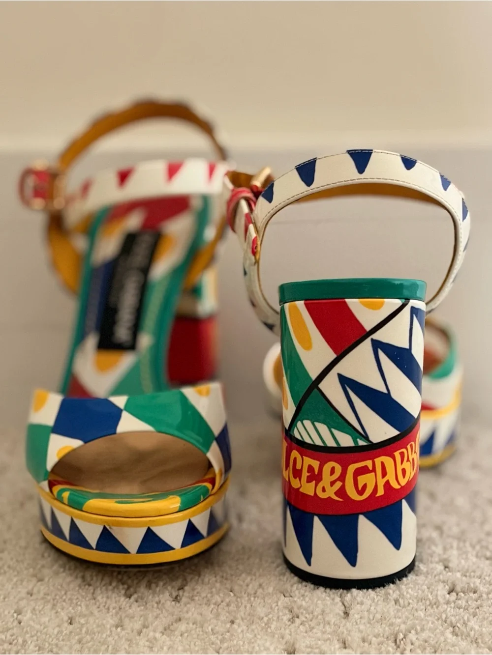 Dolce & Gabbana White Multicolor Geometric Platform Sandals